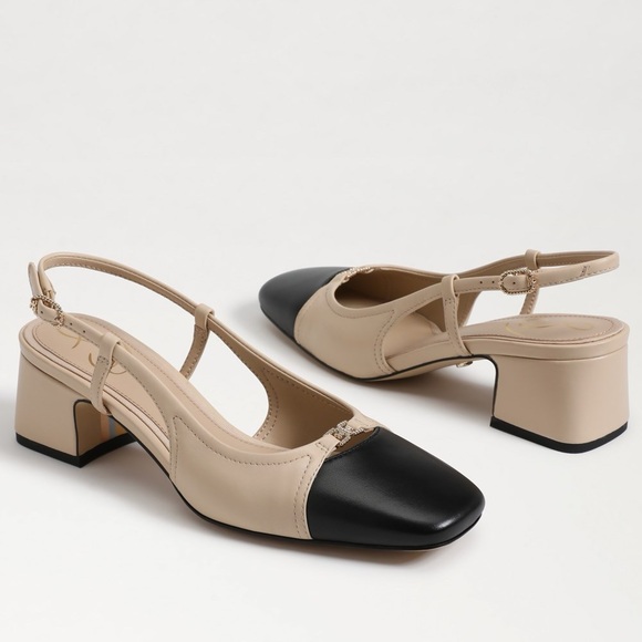 Sam Edelman Tarra 2 Slingback Block Heels Beige and Black Nude Pumps Size 9.5 - Picture 1 of 16